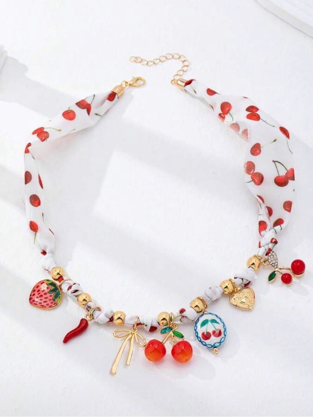 Cherry Charm Statement Necklace – Fruit & Heart Pendant - Picture 5 of 5